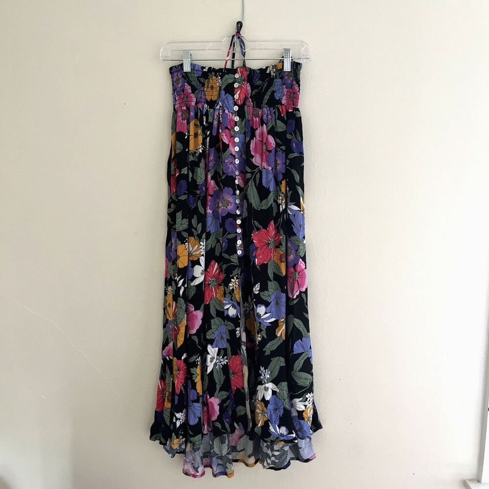 Rachael Roy Flowy Floral Boho Halter Top Sun Dress w/ Abalone Buttons, Black- L